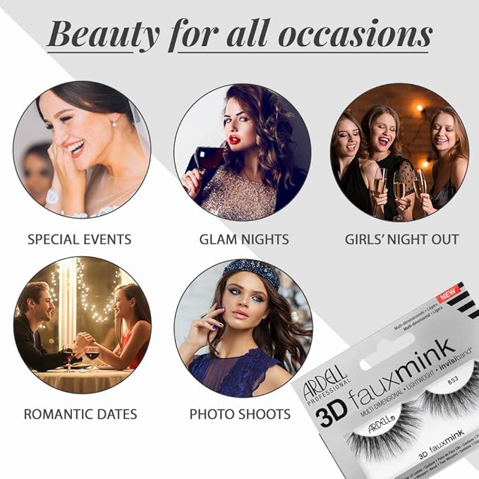 Ardell 3D False Eyelashes Faux Mink Lashes 853 - Fluffy Volume Strip Wispy Lashes Natural with Invisiband 4 Pairs