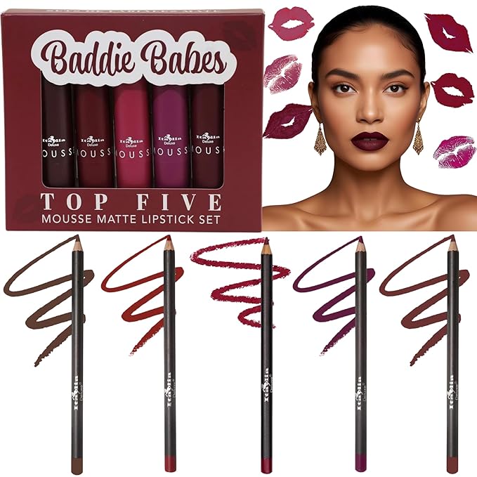 Italia Deluxe Exclusive Edition Top Five Lip Kit with Mousse Matte Lipsticks and Ultrafine Lipliners, Creamy, Highly Pigmented, Long Lasting Lip Makeup Combo