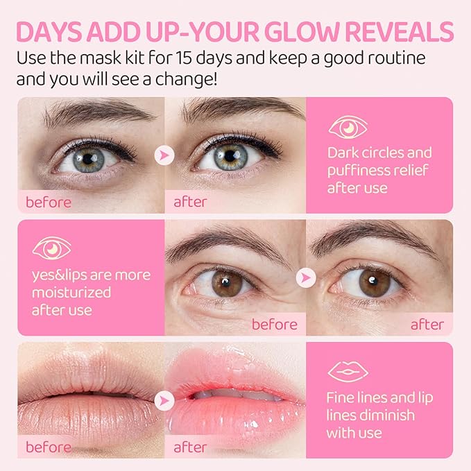 30PCS Lip Masks & Gel Eye Masks,Crystal Collagen Eye Patches for Puffy Eyes, Moisturizing& Reducing Fine Lines Dark Circle Eye Patches for Women Men