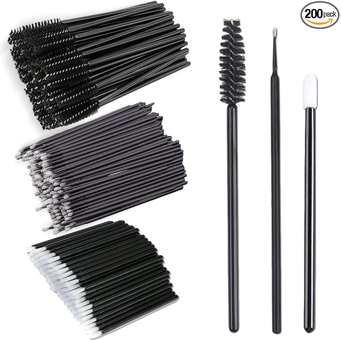 200Pcs Eyelash Extension Kit, Lash Spoolies Extension Supplies Eyebrow Brush Mascara Wands Lip Brushes Applicators Disposable Micro Swab Brushes for Lash Extensions Brow Lamination Kit, Black
