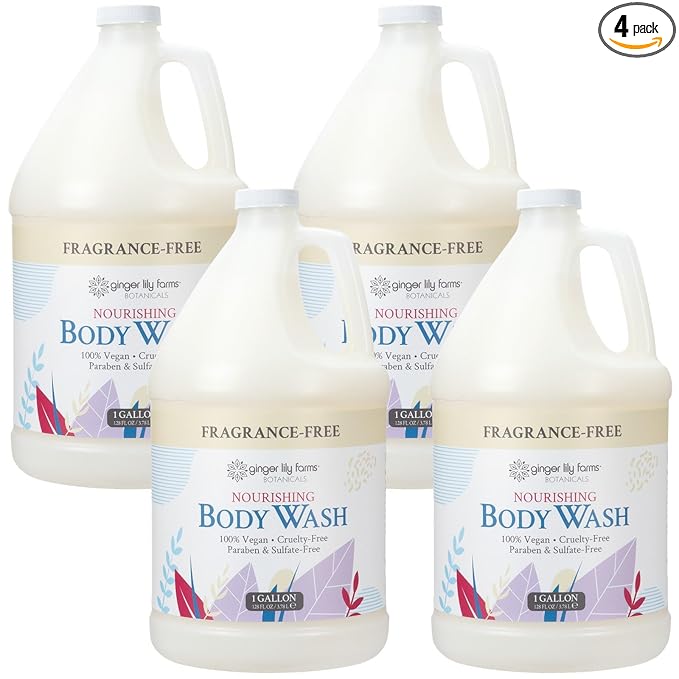 Ginger Lily Farms Botanicals Nourishing Body Wash, 100% Vegan & Cruelty-Free, Fragrance Free, 1 Gallon Refill (Pack of 4)