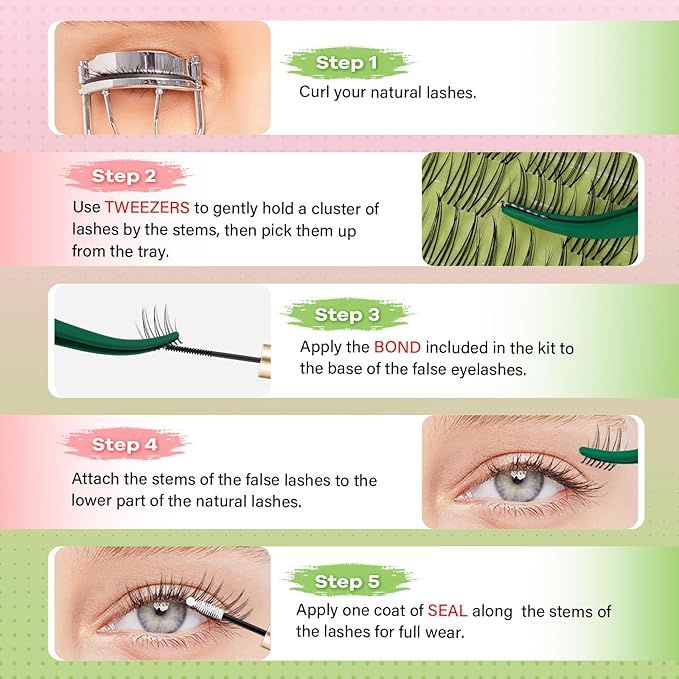 KEYYOU DIY Lash Clusters,120Pcs C Curl False Eyelashes Waterproof Invisible Band, Natural Looking at Home Extensions for Beginners