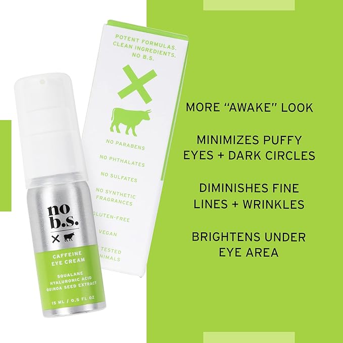 No Bad Stuff - Caffeine Eye Cream with Pure Hyaluronic Acid & Plant Based Squalane Oil, Under Eye Cream for Dark Circles & Puffiness, Gluten Free, Vegan, Travel Size, 0.5 FL Oz