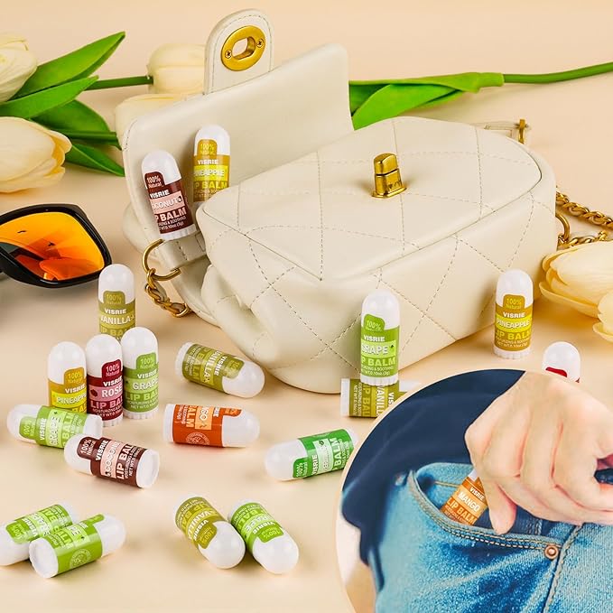 VISRIE 20 Pack Mini Lip Balm Bulk, Natural Lip Balm with Vitamin E & Beeswax, Moisturizing Lip Care for Dry Lips, Perfect for Party Favors, Care Packages & Small Gifts