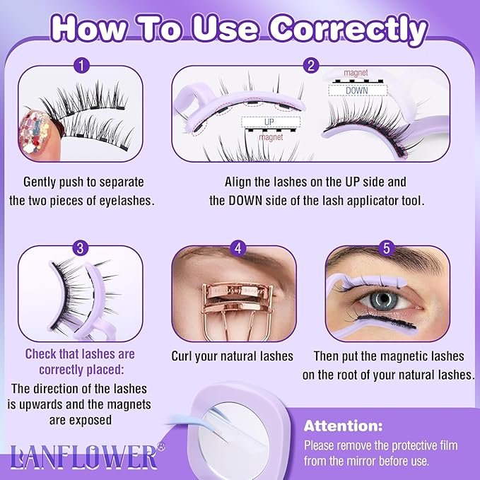 Lanflower Magnetic Eyelashes with Applicator, Mangetic Eyelashes Natural Look, Wispy Magnetic Lashes, No Glue Needed Magnetic Eyelashes, Strong Hold, Reusable, Waterproof, Cat Eye, No Irritation