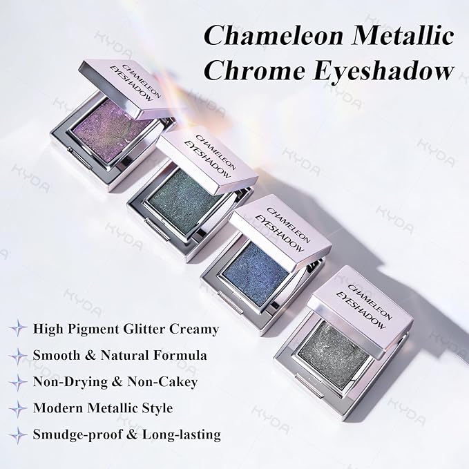 KYDA Chameleon Smoky Blue Eyeshadow, Chameleon Chrome Metallic Eye Shadow, Smooth Pressed Powder Palette, High Pigment Glitter Eyeshadow, Lasting Eye Glitters Makeup with Mirror