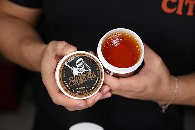 Suavecito Pomade Firme (Strong) Hold Whiskey Bar Scent 4 oz - Pomade For Men - Medium Shine Water Based Wax Like Flake Free Hair Gel - Easy To Wash Out - All Day Hold For All Hair Styles