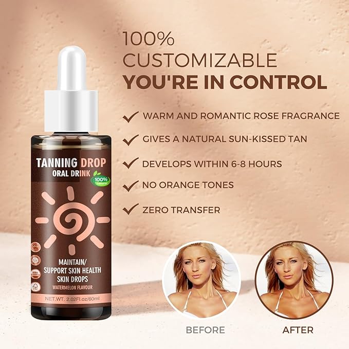 Sunless Tanning Drops To Drink: Oral Dark Self Tanning Drops Gradual Glow for Face & Body, 100% Natural Watermelon Flavor Tanning Supplement for Skin, Hydrating Bronzing Tanner for All Skin (60ml)