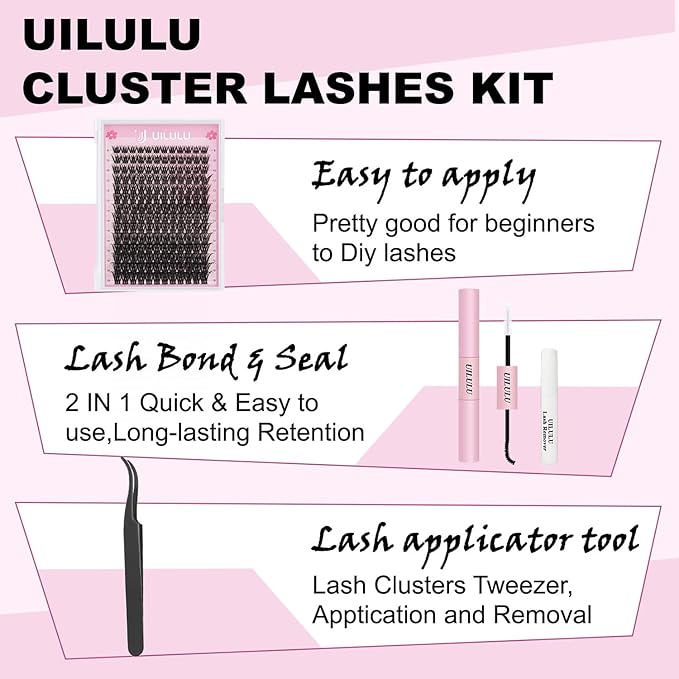 UILULU DIY Lash Extension Kit 168 Count Individual Lash Clusters D Curl Clusters Lashes, Lashes Kit with Lash Bond & Seal, Lash Remover, Lash Tweezers, and Lash Brush D Curl-0.07-8-18MM (U03 Lash Kit)