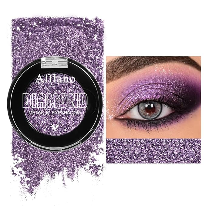 Afflano Sparkle Purple Glitter Eyeshadow One-Swipe Coverage, Diamond Lilac Purple Glitter Eyeshadow Palette Single, Pigmented Metallic Violet Eye Shadow Pallet for Girl Women Bold Eye Look, 7H