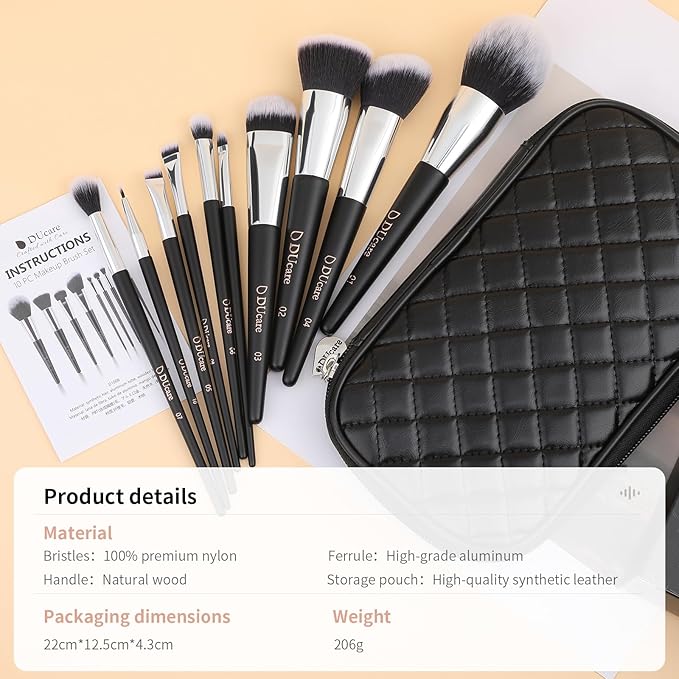 DUcare Travel Makeup Brushes with Case 10Pcs Makeup Brush set Premium Synthetic Kabuki Foundation Blending Brush Face Powder Blush Concealers Eye Shadows with bag