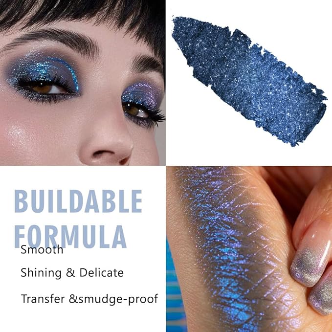 WanTuoluo Sparkly Eyeshadow Palette for Women, Single Monochrome Eye Shadow Makeup, Shiny Pressed Cream Powder, Blendable Natural sombras para ojos, Holographic,Vegan,Travel (10-sparkly-Blue)