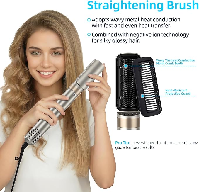 6-in-1 Hot Air Styler & Blow Dryer Brush, Ionic Hair Dryer Volumizer, Multi-Function with Interchangeable Attachments for Curling, Straightening & Fast Drying, Ideal Gift for Women(Champagne Gold)