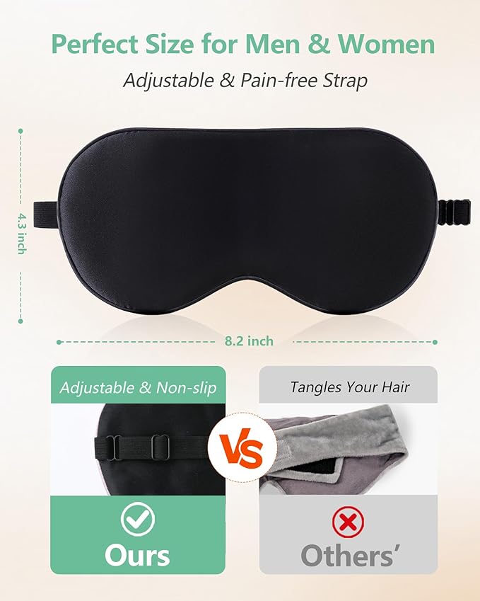 BeeVines 100% Real Mulberry Silk 2 Pack Sleep Mask, Pure Silk Eye Masks with Adjustable Strap for Sleeping, 100% Block Light Eye Shade Cover, Reduces Puffy Eyes Traveling Gifts(Black & Pastel Blue)