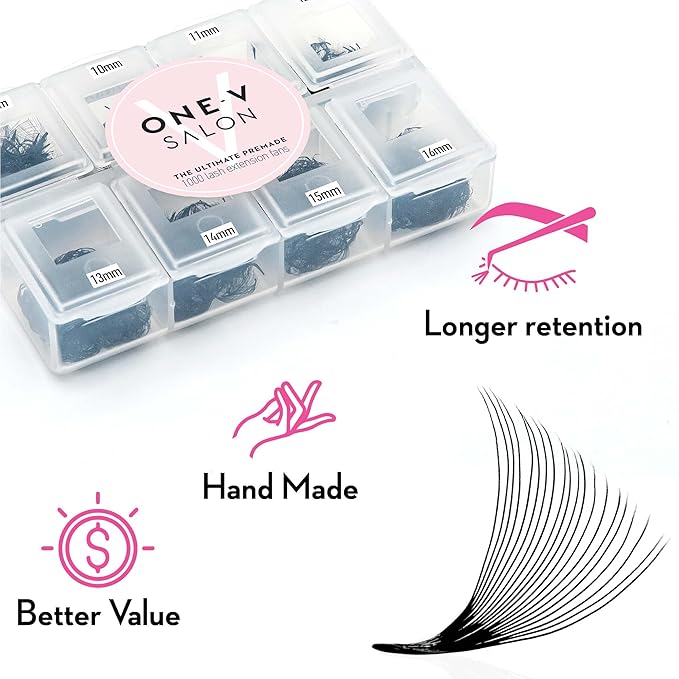 One V Salon, 1000 Loose Professional Use Premade Fans Eyelash Extensions, C Curl Volume Lashes, 10D 14D 20D-0.05 Thickness, 9-16mm Fluffy Handmade Fan Mixed Tray