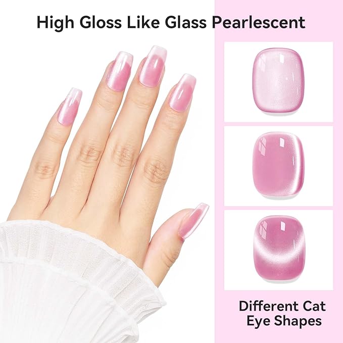 Pink Cat Eye Gel Nail Polish, Moonlight Glitter Holographic Cateye Nail Polish with Magnet 12ML, Magnetic Glass Smoothie UV Gel for Valentine's Day Gift Nail Art Manicure DIY at Home
