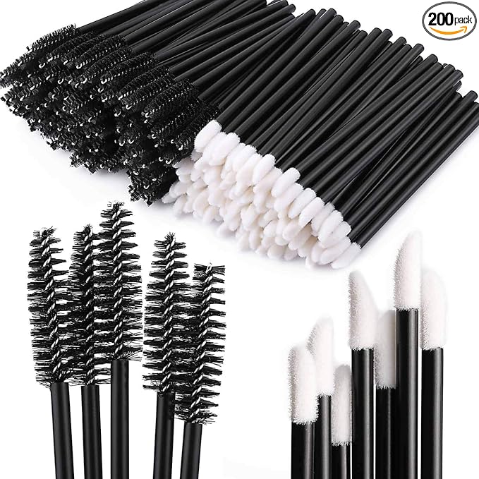 Tbestmax 200 Disposable Mascara Wand Spoolies and Lip Brushes, Lipstick Lipgloss Applicator for Eyebrow Eyelash Extension Makeup Kits Black