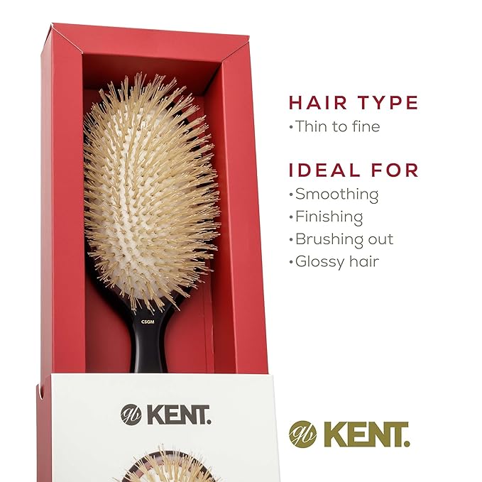 Kent CSGM 7.75" Classic Shine Medium Oval Cushion Straightening Brush and Hair Detangler - Soft White Boar Bristle Hair Brush - Shine Hair Brush and Scalp Scrubber for Mid-Length Fine or Thinning Hair