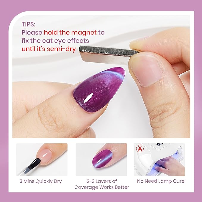 Quick Dry Cat Eye Nail Polish Set, Magnetic Nail Polish Non Gel, Air Fast Dry Cateye Nail Lacquer with Magnet High Glossy DIY Salon for Women Girl