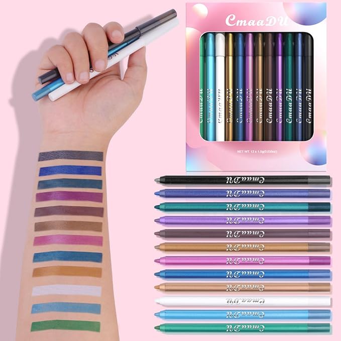 Eyeliner Set, 12 Colors Eye Shadow Pencil, Metallic Glitter Pearl Eye Pencils, Professional Waterproof Long Lasting Eye Makeup Set for Women