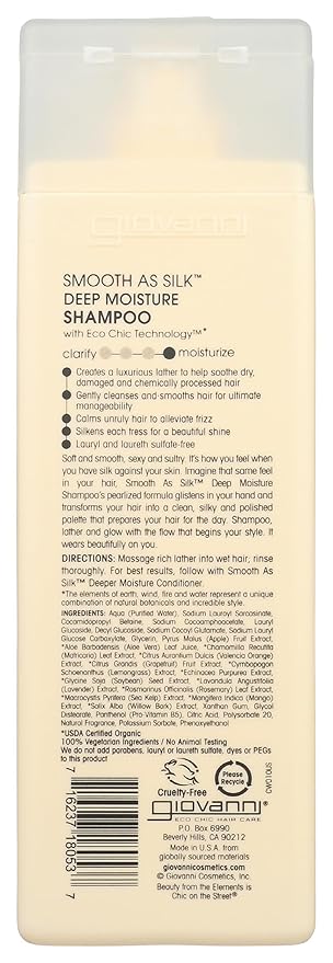 GIOVANNI Eco Chic Smooth as Silk Deep Moisture Shampoo - Apple + Aloe Extracts, Calms Frizz, Detangles, Wash & Go, Lauryl & Laureth Sulfate Free, Paraben Free, Color Safe - 8.5 oz