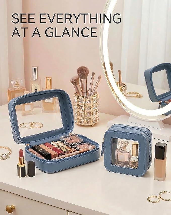LETGO Clear Makeup Bag Organizer Set, Travel Toiletry Bag for Women, Waterproof Cosmetic Pouch with Zippers, Car Accessories Organizers and Storage Case (2Pack-Standard&Square, Blue)