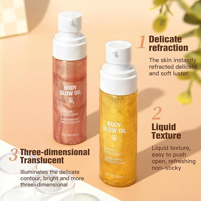 Rose Gold Body Glow Oil with SPF 30 Broad Spectrum, Lightweight Sunscreen Long Lasting Shimmer Body Lotion for All Skin Types, Moisturizer Mineral Oil, Absorbs Quickly, 2 oz