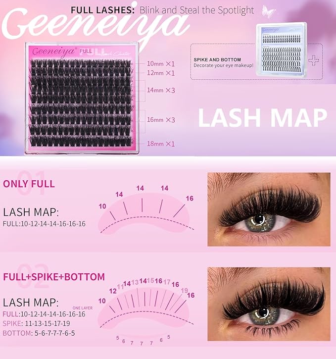 Geeneiya 5 Styles Lash Clusters Kit, Volume/Mega/Full/Bottom Eyelash Clusters Extensions with Lash Bond and Seal, Remover and Lash Extension Tools for Beginners and Proficient, DIY at Home Easily