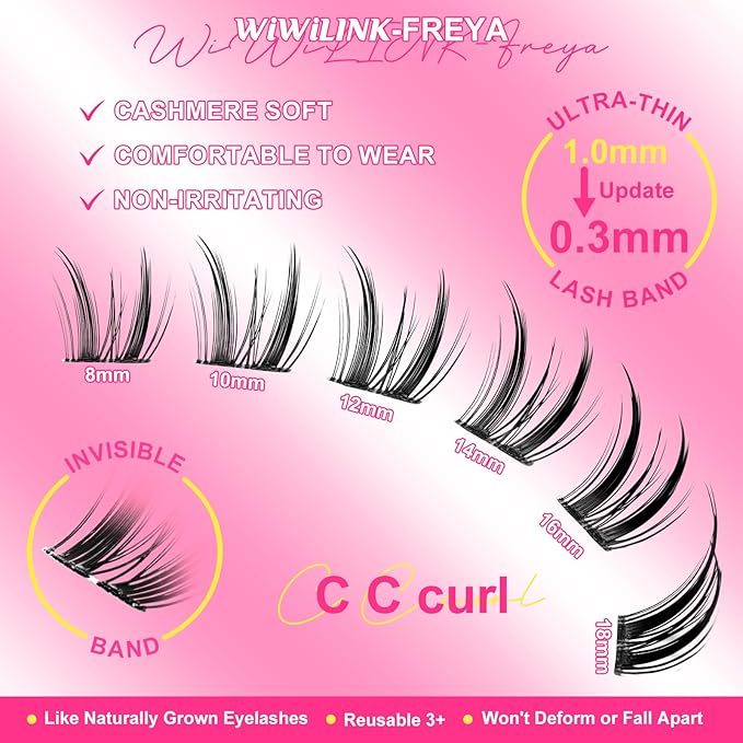 Wispy Lash Clusters Manga DIY Lash Extension Kit and D Curl Eyelash Clusters 8-18mm with Bond, Seal, and Remover Natural Lashes Clusters- Invisible Band Lashes Spikes Eyelashes, Freya-kit