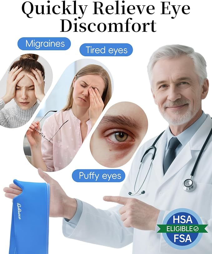 Cooling Eye Mask for Puffy Eyes, FSA Eligible HSA, Headache and Migraine Relief Gel Eye Mask, for Headache, Puffiness, Eye Strain, Reusable Face Ice Pack for Post-Surgery Care, Deep Blue
