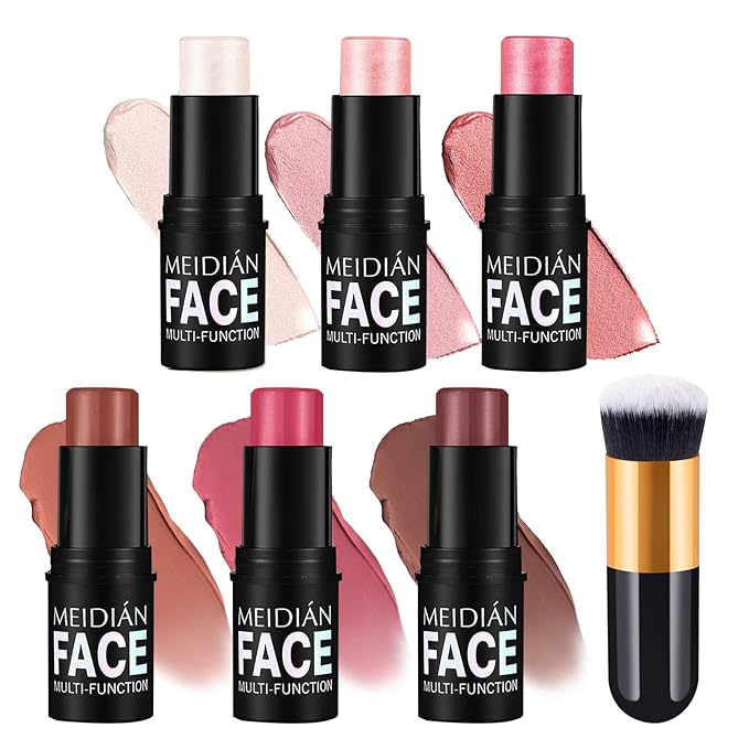 6Pcs Cream Contour Stick Makeup Kit with Makeup Brush,Shades with Highlighter,Brush Stick,Cream Bronzer for Sculpt the Cheeks,Long-lasting Waterproof Lightweight Contour Set