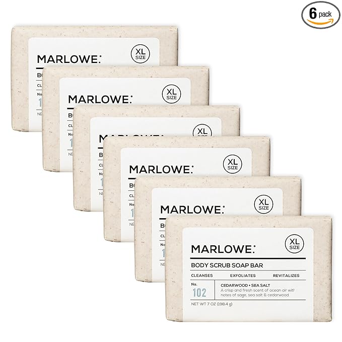 MARLOWE. No. 102 Body Scrub Soap 7 oz (6 Bars), Cedarwood & Sea Salt, Exfoliating Soap Bar with Shea Butter, Olive Oil & Green Tea Extracts, Cleanses, Smooths & Revitalizes Skin, Fresh & Zesty Scent