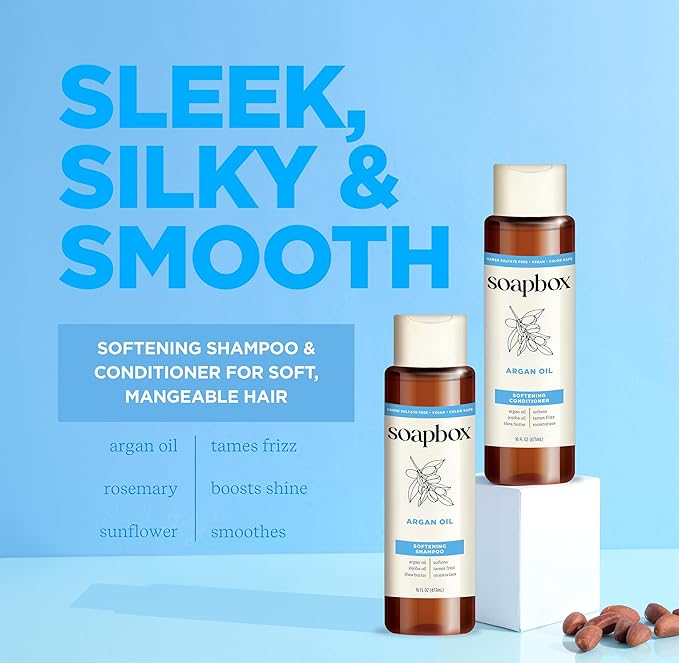 Soapbox Argan Oil & Vanilla Shampoo & Conditioner Set, Leaves Hair Smooth & Controls Frizz - Clean Ingredients Free of Harsh Chemicals, Sulfates, Parabens & Silicones - 16 oz Each
