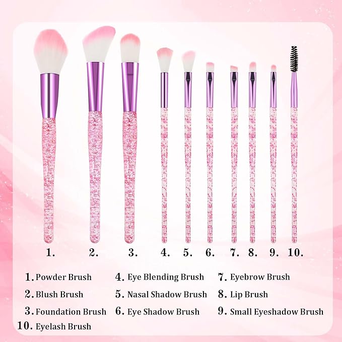 10 PCS Glitter Crystal Makeup Brush Set Cute Makeup Brushes Bling Professional Concealer Eye Shadow Eyeliner Blush Lip Blending Synthetic Brushes Tools Kit Face Cosmetics Blending Brushes for Women