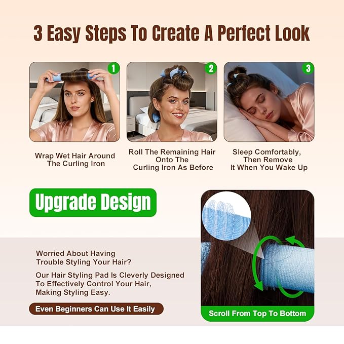 Overnight Heatless Hair Curler, Upgraded with Hair Pad Grippers Satin Jumbo Flexi Blowout Curls Rods, 3pcs No-Heat Styling Tools Curling Rod to Sleep in for All Hair Types - Blue