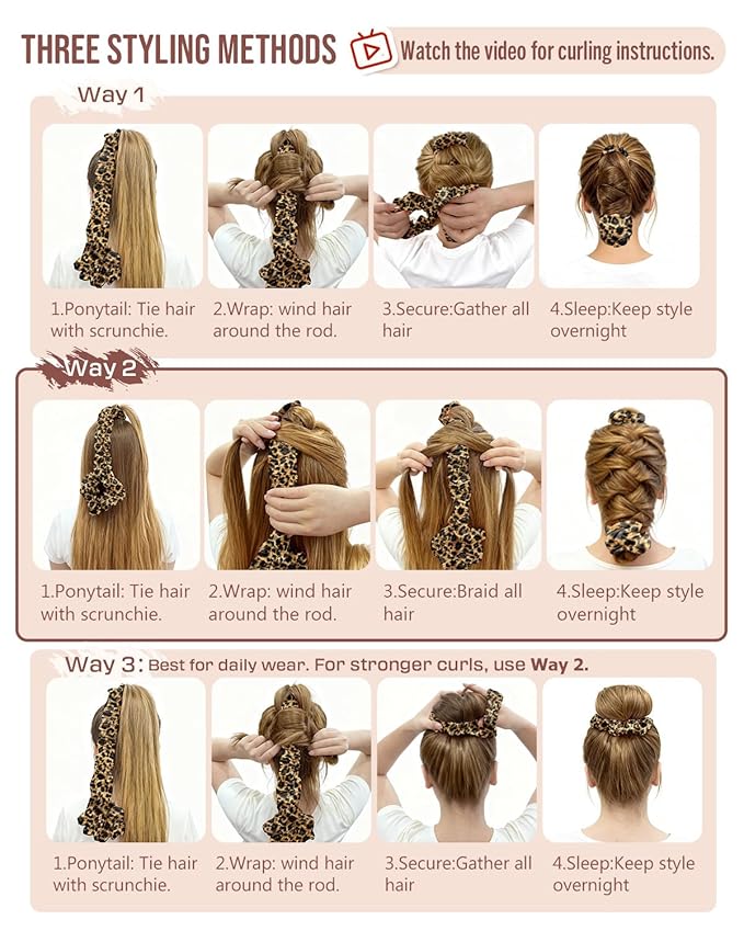 BONNET QUEEN Multi-function Satin Heatless Hair Curler & Hair Tie Non-Heating Hair Roller Curling Rod with Scrunchie, Large, Leopard(For Big Curls)