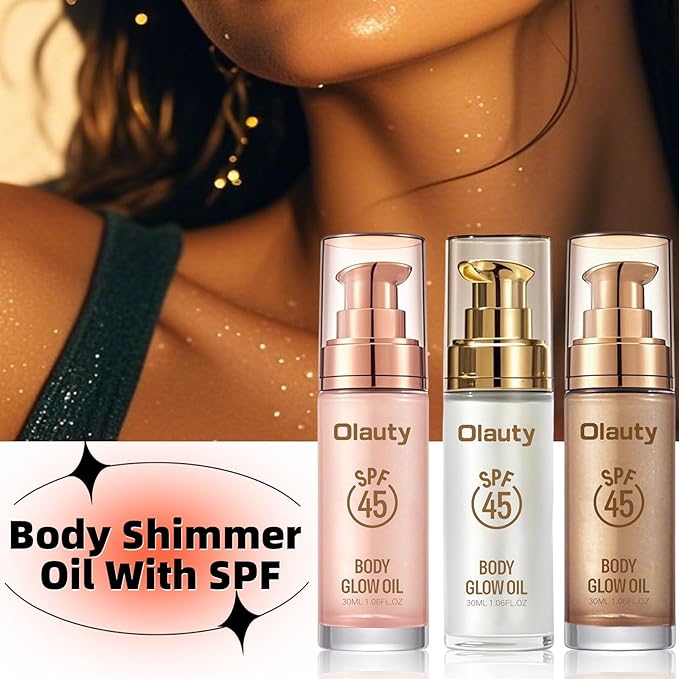 Shimmer Oil, SPF 45 Sunscreen Body Makeup Waterproof No Transfer Body Luminizer Lotion Glow for Women, Liquid Illuminator Bronzer for Body & Face, Long-lasting (Glistening Bronze)