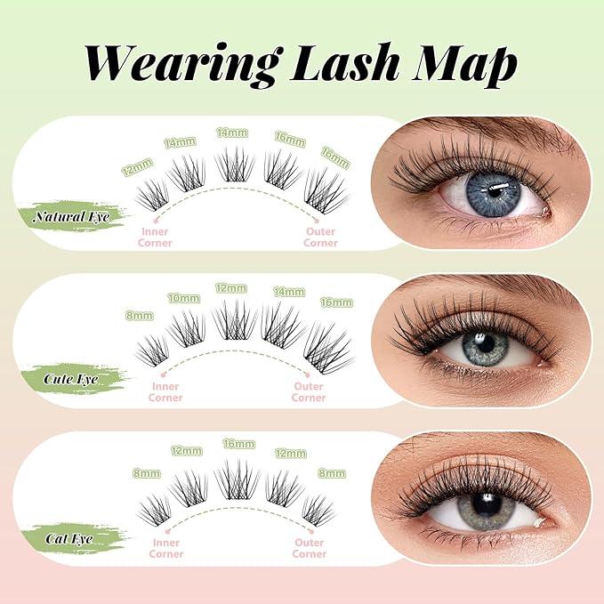 KEYYOU Lisbon Lash Clusters Fairy Eyelash Extension C Curl 96Pcs Eyelash Extension Wispy Natural Invisible Band Lash with Waterproof DIY Lash Extension at Home(Lisbon-C-8-16MIX)