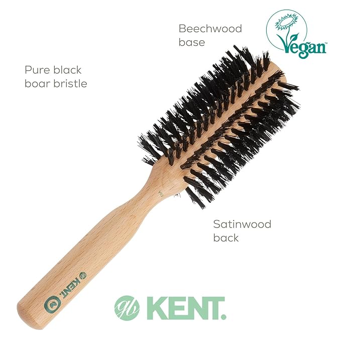 Kent V03 Vegan Boar Bristle Hair Brush, Eco-Friendly 60mm Round Brush with Cruelty-Free Bristles for Blowouts, Volume, Root Lift, Curls, All Hair Types, Wooden Handle, Travel Size, Made in England
