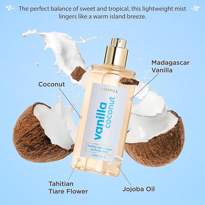 Lavanila Vanilla Coconut Hair & Body Mist for Women, 5 Oz – Tropical Vanilla Body Spray, Hair Perfume & Fragrance with Madagascar Vanilla – Lightweight Women’s Fragrance for Hair & Skin