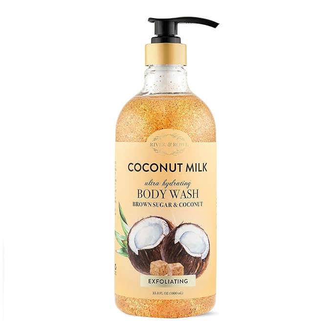 RIVER & ROWE Coconut Milk Exfoliating Body Wash – Hydrating Daily Cleanser with Coconut & Brown Sugar for a Warm, Comforting Skin Experience, Gentle Everyday Shower Gel for Women & Men, 33.8 Fl Oz