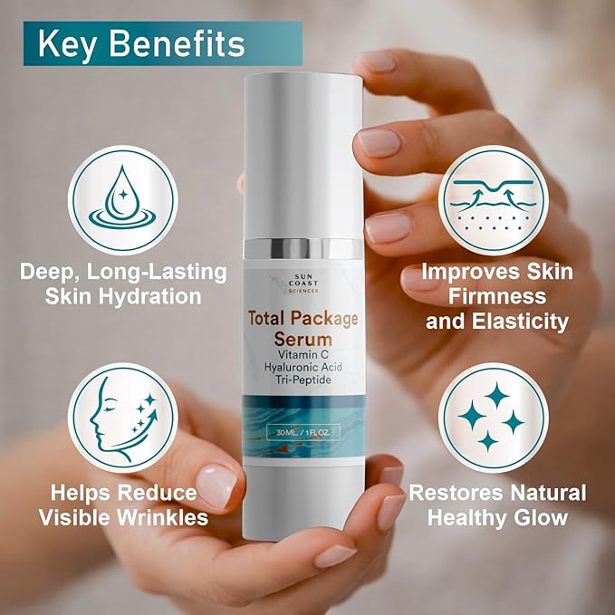Sun Coast Sciences - Creamy Total Package Serum - Vitamin C Serum with Hyaluronic Acid & Peptides for Face - Hydrating Anti Aging Face Serum for Smoother, Firmer Looking Skin - 1 Fl Oz (Pack of 3)