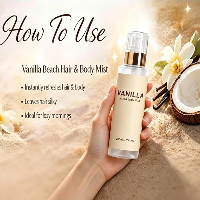 Vanilla Beach Hair & Body Mist,Vanilla Beach Body Perfume Spray For Women,Vanilla & Coconut Long-Lasting Hydrating Body Fragrance Spray (1PCS)