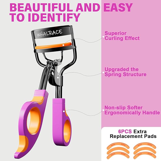Eyelash Curlers with 6PCS Extra Replacement Pads, Premium Quality Eye Lash Curler, Superior Curling Effect, Easy to Hold and Use, Valentine's Day Gift for Her - Orange Purple Handle