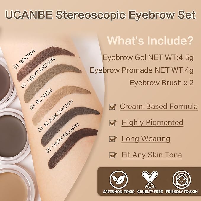 UCANBE Waterproof Eyebrow Gel + Eyebrow Styling Wax 2 in 1 Makeup Kit with 2 Pcs Dual-ended Adjustable Freely Eyebrow Brush Makeup Long Lasting Eyebrows (05 Gel/Dark Brown Pomade, Standard)