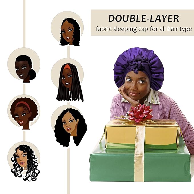 AWAYTR Purple Satin Bonnet with 3 Hair Scrunchies for Women - Large, 2-Layered Silk Sleeping Cap for Sleeping, Hair Care
