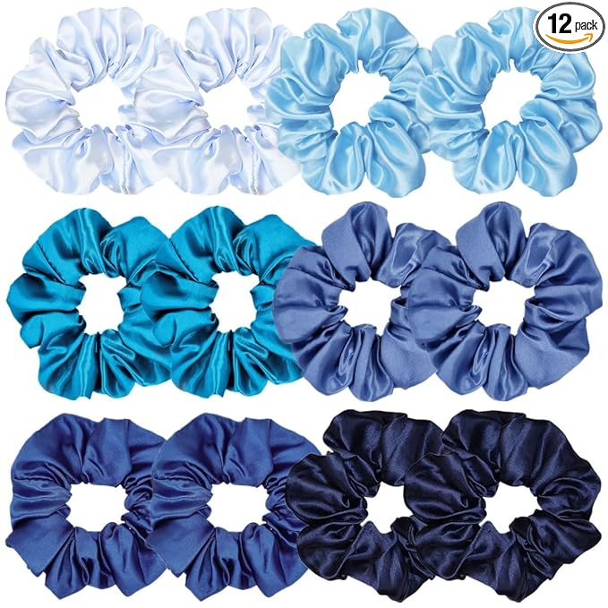 12 Pcs Satin Silk Hair Scrunchies Soft Hair Ties Fashion Hair Bands Hair Bow Ropes Hair Elastic Bracelet Ponytail Holders Hair Accessories for Women Girls (Assorted Blue Pair)