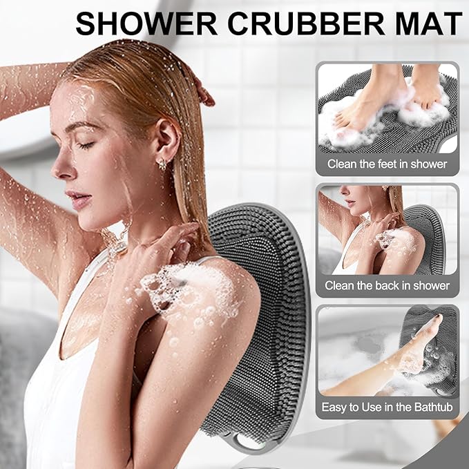 Bath Shower Foot Scrubber Mat - Silicone Shower Foot Scrubber Mat (XL) Cleaner Foot Toes Clean Pad Without Bending Non-Slip Suction Cups Bathroom mat 17.2 * 13 inch - Dark Grey