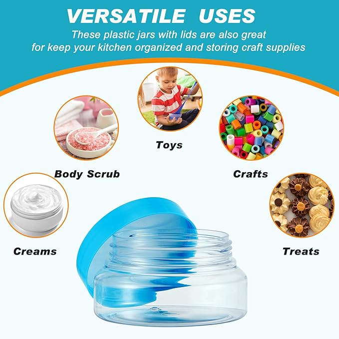 Tessco for you 24 Pack Plastic Jars with Lids Labels Multiuse Slime Containers Empty Body Scrub Jars Round Refillable Cosmetic Body Butter Container for Makeup (5 oz,Multicolor)