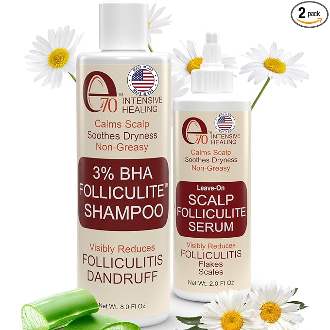 Folliculitis Treatment Shampoo & Serum with 3% BHA, Salicylic Acid, Tea Tree Oil & Chamomile Extracts - Anti Itch Shampoo for women & men with Flaky Scalp Treatment Acne, Made in USA by e70, 8 fl oz